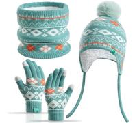 Yaopelky Set invernale da 3 pezzi per bambini con cappello foderato in pile ghetta guanti per 3-8 anni con pompon caldo Fair-Isle touch screen scuola neve uso esterno, Verde, One Size (fits 3-8 years