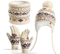 Yaopelky Set invernale da 3 pezzi per bambini con cappello foderato in pile ghetta guanti per 3-8 anni con pompon caldo Fair-Isle touch screen scuola neve uso esterno, Beige, One Size (fits 3-8 years