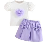 Yaopelky Vestito estivo da bambina, set da 2 pezzi con gonna a sbuffo a maniche corte e gonna a pieghe per ragazze vestiti da festa, Viola,5 Anni