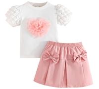 Yaopelky Vestito estivo da bambina, set da 2 pezzi con gonna a sbuffo a maniche corte e gonna a pieghe per ragazze vestiti da festa, Rosa,4 Anni