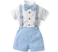 Yaopelky Vestito Formale Bambino Gentiluomo Camicia Manica Corta Papillon Ragazzo Bretella Pantaloncini Abito da sposa Abiti Ragazzi, Blu, 3-4 Years