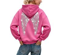 YAPAZULU Felpa con cappuccio da donna, con strass, ali d'angelo, oversize, maniche lunghe, in pile, tasca canguro, autunno, inverno, loungewear casual Y2k Streetwear casual multifunzione, rosa acceso