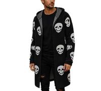 YAPAZULU Teschio di morte Cardigan da uomo lungo oversize con cappuccio a maniche lunghe gotico scheletro horror costume streetwear Halloween sera tematica autunno con tasche inverno cappotto a maglia
