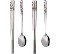 YAPULLYA Set di 3 cucchiai e bacchette coreane con manico lungo, in acciaio inox 18/8, multicolore con incisione laser e cucchiaio, bacchette e cucchiaio riutilizzabili in metallo, set di 3 (stile MD)