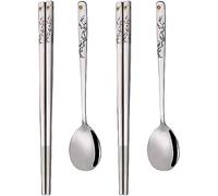 YAPULLYA Set di 3 cucchiai e bacchette coreane con manico lungo, in acciaio inox 18/8, multicolore con incisione laser e cucchiaio, set di bacchette e cucchiaio riutilizzabili in metallo, set di 3