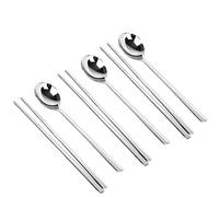 YAPULLYA Set di cucchiai e bacchette in acciaio inox lucido, bacchette coreane e cucchiai da tavola con mano lunga, riutilizzabile, set di 3 argento
