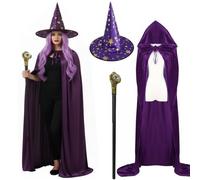 YAQIZENG Set costume da mago con mantello in velluto, parrucca, barba, bacchetta, cappello, Halloween, strega, mago, cosplay, accessori per feste
