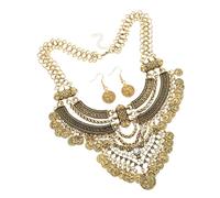 Yardwe Collana Bavaglino con Orecchini in Stile Bohémien Set di Gioielli Etnici da Donna con Ciondolo Moneta Combinazione di Collana e Orecchini Vintage per Look di Moda