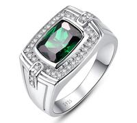 Yaresul Anello con smeraldo verde creato da 7 x 9 mm, in argento Sterling 925, anelli con sigillo da uomo, anelli di promessa per lui con pietra portafortuna di maggio, anello di fidanzamento