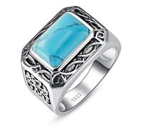 Yaresul Anello da uomo in argento Sterling 925 con turchese blu taglio radiante da 6,85 carati, 8 x 12 mm, stile vintage turco, fatto a mano, motivo celtico, anello di fidanzamento per papà, taglia 7