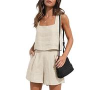 YARKIM Women 2 Piece Outfits Linen Matching Sets Two Piece Lounge Shorts Crop Tops 2023 Boho Beach Clothes Summer Vacation(Apricot,Large)