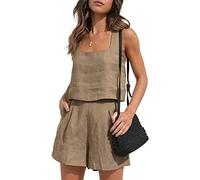 YARKIM Women 2 Piece Outfits Linen Matching Sets Two Piece Lounge Shorts Crop Tops 2023 Boho Beach Clothes Summer Vacation(Dark Khaki,Large)