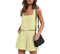 YARKIM Womens 2 Piece Outfits Lounge Matching Sets Two Piece Linen Shorts Crop Tops 2023 Trendy Clothes Summer Vacation Set(Yellow,Medium)