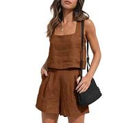YARKIM Womens 2 Piece Outfits Lounge Matching Sets Two Piece Linen Shorts Crop Tops 2023 Trendy Clothes Summer Vacation Set(Dark Brown,XX-Large)