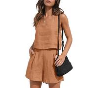 YARKIM Womens 2 Piece Outfits Lounge Matching Sets Two Piece Linen Shorts Crop Tops 2023 Trendy Clothes Summer Vacation Set(Brown,X-Large)