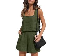 YARKIM Womens 2 Piece Outfits Lounge Matching Sets Two Piece Linen Shorts Crop Tops 2023 Trendy Clothes Summer Vacation Set(Military Green,Medium)
