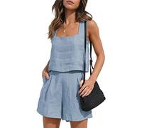 YARKIM Womens 2 Piece Outfits Lounge Matching Sets Two Piece Linen Shorts Crop Tops 2023 Trendy Clothes Summer Vacation Set(Light Blue,Medium)