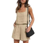 YARKIM Womens 2 Piece Outfits Lounge Matching Sets Two Piece Linen Shorts Crop Tops 2023 Trendy Clothes Summer Vacation Set(Khaki,Medium)