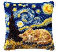 YarnAdventures animale Latch Hook Cuscino Kit Cuscino Cover,Gatto soriano sotto il cielo stellato,Cover Fodera Mano Craft Ricamo Pillowcase,Crocheting Craft,Bambini Genitori Regalo,43x43cm