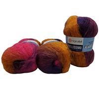 YarnArt Bellissimo - 3 gomitoli di lana da 150 g con mohair, 450 g di lana con sfumatura, colore bacca, lilla, rosa e terracotta, 1415