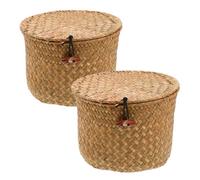 YARNOW 2 cestini rotondi in marina intrecciata: mini contenitore in vimini intrecciato a mano - piccolo cestino portaoggetti in rattan fatto a mano per scaffale, casa, bagno