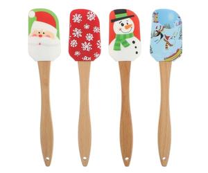YARNOW Juego de 4 Espátulas de Silicona Navideñas - Con Mango de Madera - Resistente al Calor (240°C) y Antiadherente - Para Repostería, Cocina y Mezclas