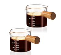 YARRAMATE Confezione da 2 tazzine da caffè con manico in legno, accessori in vetro trasparente, misurino a doppio beccuccio con doppia scala, bicchierini per espresso con beccuccio a forma di V, 100