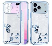 Yarxiawin Cover per iPhone 17 Pro Trasparente Silicone Effetto Glitter, Lusso Brillantini Custodia Fiore Protezione Antiurto Rosa Case Morbido Sottile (Blu-Argento)