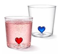 Yaryang Set 2 Bicchieri in Vetro Borosilicato 300 ml - Trasparenti e Resistenti al Calore, Senza Manico, Design con Cuore Rosso e Blu, per Acqua, Latte, Caffè e Bevande Varie