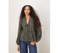 YAS - Blusa allacciata sul davanti verde a quadri con colletto 6