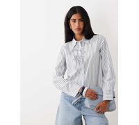 YAS - Camicia squadrata in cotone blu e bianca a righe con fiocco 48