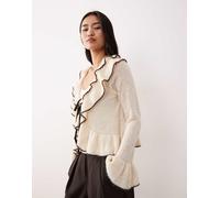 YAS - Cardigan color betulla con volant a contrasto e laccetto sul davanti-Bianco XL