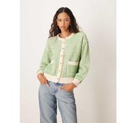 YAS - Cardigan in maglia con bottoni color betulla con dettagli verdi-Bianco XS