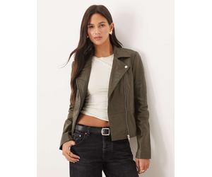 YAS - Giacca biker premium in pelle verde oliva L