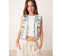 YAS - Gilet aperto da festival bohémien color crema e blu con ricamo floreale-Multicolore 16