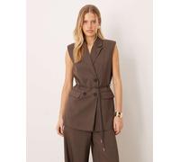 YAS - Gilet sartoriale marrone cioccolato gessato con cintura in coordinato 42