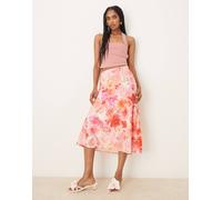 YAS - Gonna midi in raso con stampa floreale rosa acquerello-Multicolore M