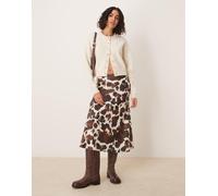 YAS - Gonna midi in raso marrone con stampa pezzata-Multicolore S