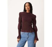 YAS - Top a maniche lunghe bordeaux a quadri con dettaglio arricciato-Rosso XS