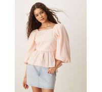 YAS - Top a peplo rosa a righe color panna con maniche a sbuffo e allacciatura sul retro-Bianco 10