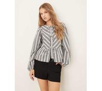 YAS - Top bianco e nero a quadretti con fondo peplo, allacciatura frontale e strato sovrapposto in pizzo 16