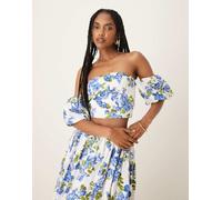 YAS - Top con maniche voluminose e spalle scoperte a fiori bianco e blu in coordinato 14