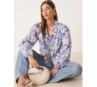 YAS - Top con stampa a fiori cachemire blu e bianca con volant e laccio sul davanti-Multicolore 12