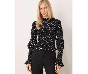 YAS - Top grembiule accollato a maniche lunghe nero a pois bianchi S