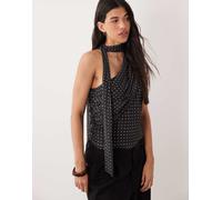 YAS - Top monospalla arricciato nero e bianco a pois con foulard 44