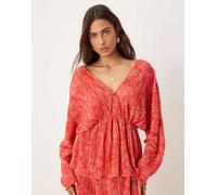 YAS - Top plissé rosso e rosa con stampa a fiori e scollo profondo sul davanti 6