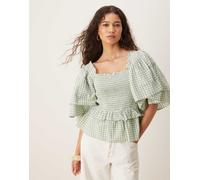 YAS - Top premium verde salvia e bianco a quadretti con maniche oversize 14