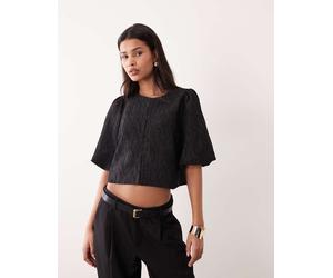 YAS - Top strutturato in jacquard nero con maniche a sbuffo 46