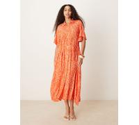 YAS - Vestito arancione a fiori con maniche svasate con bottoni e cintura sul davanti-Rosso 10
