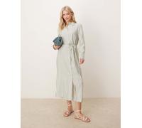 YAS - Vestito camicia lungo allacciato in vita color verde e crema a righe-Multicolore 8